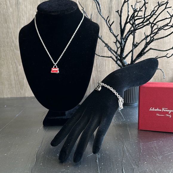 Salvatore Ferragamo Set Sofia Bag Charm Necklace & Charm Bracelet Sterling Silve